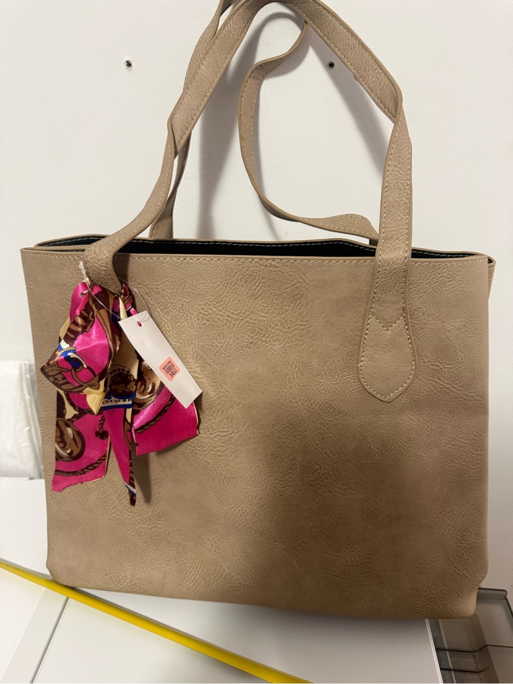 Neutral Beige Tote with Pink Accent Scarf